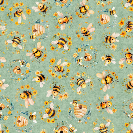 Image of Buzz, Buzz, Buzz Bees & Beehives Sage quilting cotton fabric by Morris Creative Group for QT Fabrics. Features bees on a green background. Cute Little Fabric Shop.