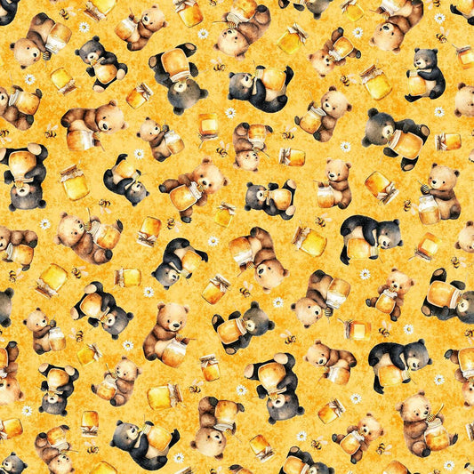 Image of Buzz, Buzz, Buzz Bears & Honey Orange quilting cotton fabric by Morris Creative Group for QT Fabrics. Features bears on a yellow background. Cute Little Fabric Shop.