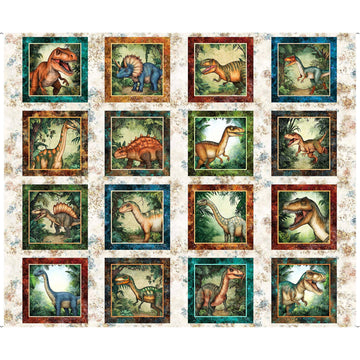 Savage Kingdom Dinosaur Picture Patches Panel Sand Cream Dino Fabric - 31733 - QT Fabrics Quilting Cotton Fabric