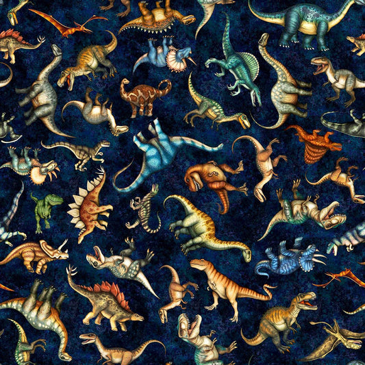 Image of Savage Kingdom Tossed Dinosaurs Dark Navy quilting cotton fabric by Dan Morris for QT Fabrics. Features dinosaurs on a blue background. Cute Little Fabric Shop.