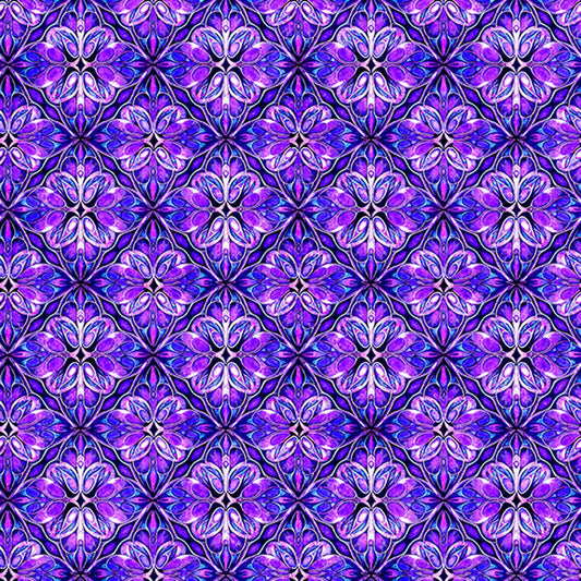 Image of Royale Geo Trellis Purple quilting cotton fabric by Dan Morris for QT Fabrics. Features a geometric pattern on a purple background. Cute Little Fabric Shop.