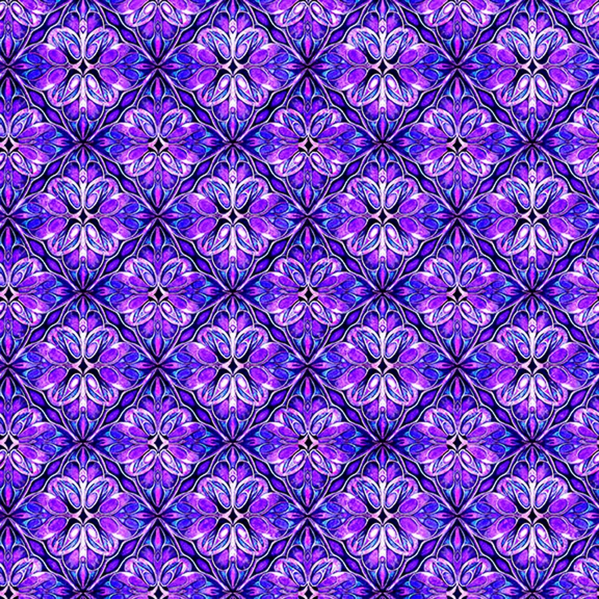 Image of Royale Geo Trellis Purple quilting cotton fabric by Dan Morris for QT Fabrics. Features a geometric pattern on a purple background. Cute Little Fabric Shop.