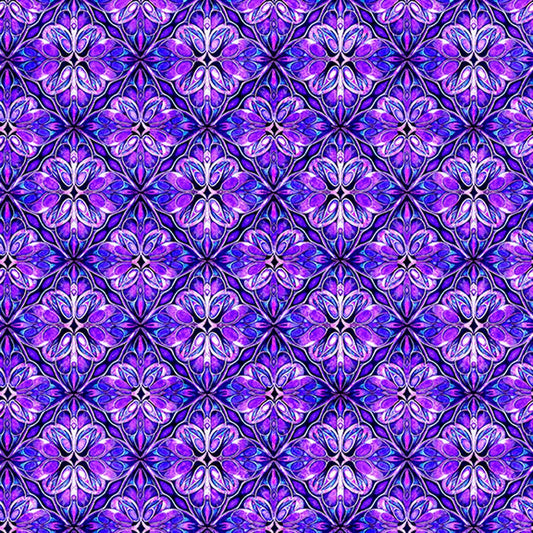 Image of Royale Geo Trellis Purple quilting cotton fabric by Dan Morris for QT Fabrics. Features a geometric pattern on a purple background. Cute Little Fabric Shop.