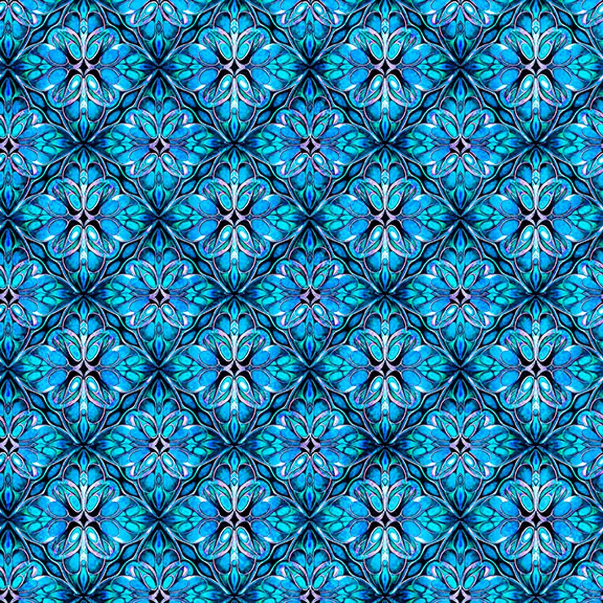 Image of Royale Geo Trellis Blue quilting cotton fabric by Dan Morris for QT Fabrics. Features a geometric pattern on a blue background. Cute Little Fabric Shop.