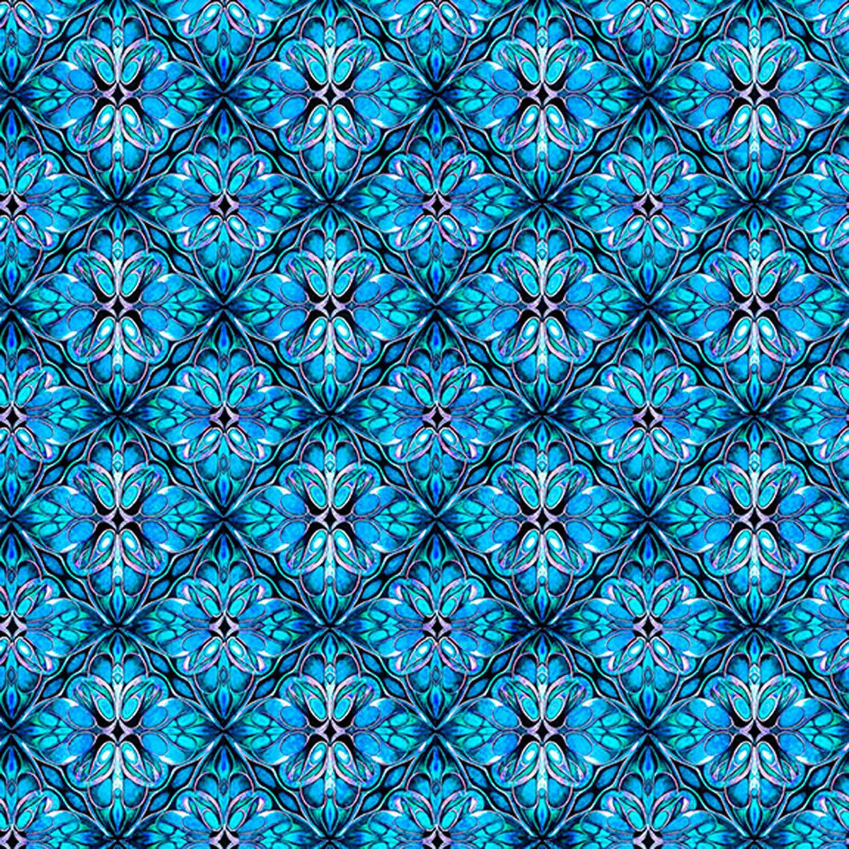 Image of Royale Geo Trellis Blue quilting cotton fabric by Dan Morris for QT Fabrics. Features a geometric pattern on a blue background. Cute Little Fabric Shop.