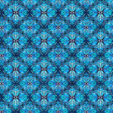 Image of Royale Geo Trellis Blue quilting cotton fabric by Dan Morris for QT Fabrics. Features a geometric pattern on a blue background. Cute Little Fabric Shop.