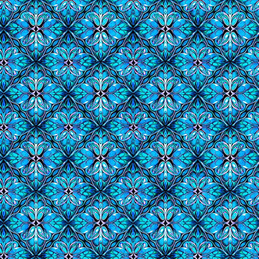 Image of Royale Geo Trellis Blue quilting cotton fabric by Dan Morris for QT Fabrics. Features a geometric pattern on a blue background. Cute Little Fabric Shop.