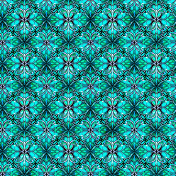 Image of Royale Geo Trellis Jade quilting cotton fabric by Dan Morris for QT Fabrics. Features a geometric pattern on a blue background. Cute Little Fabric Shop.