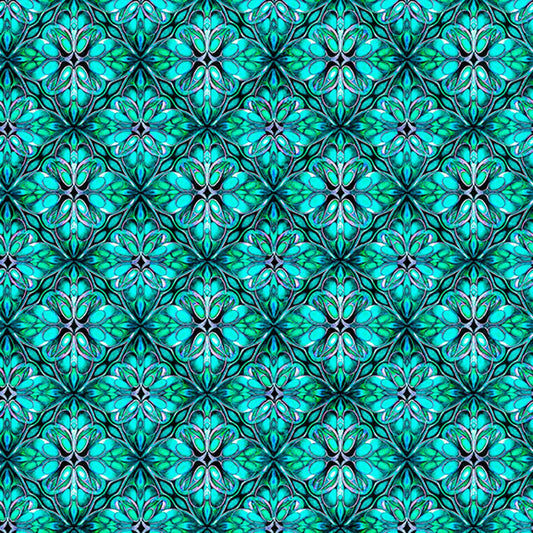 Image of Royale Geo Trellis Jade quilting cotton fabric by Dan Morris for QT Fabrics. Features a geometric pattern on a blue background. Cute Little Fabric Shop.