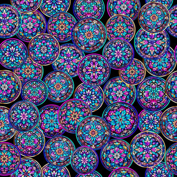 Image of Royale Stained Glass Circles Black quilting cotton fabric by Dan Morris for QT Fabrics. Features a geometric pattern on a black background. Cute Little Fabric Shop.