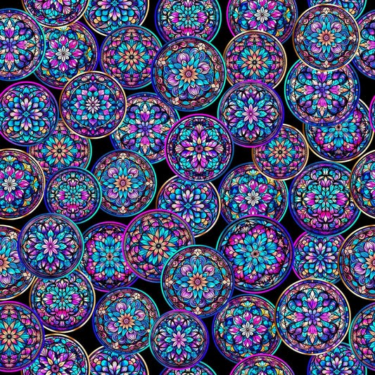 Image of Royale Stained Glass Circles Black quilting cotton fabric by Dan Morris for QT Fabrics. Features a geometric pattern on a black background. Cute Little Fabric Shop.