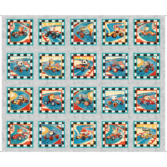 Turbo Tykes Animals in Racecars Picture Patches Panel Gray Car Fabric - 31754 - QT Fabrics Quilting Cotton Fabric