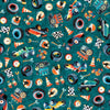 Image of Turbo Tykes Racetrack Gear Teal quilting cotton fabric by Morris Creative Group for QT Fabrics. Features racecars on a blue background. Cute Little Fabric Shop.