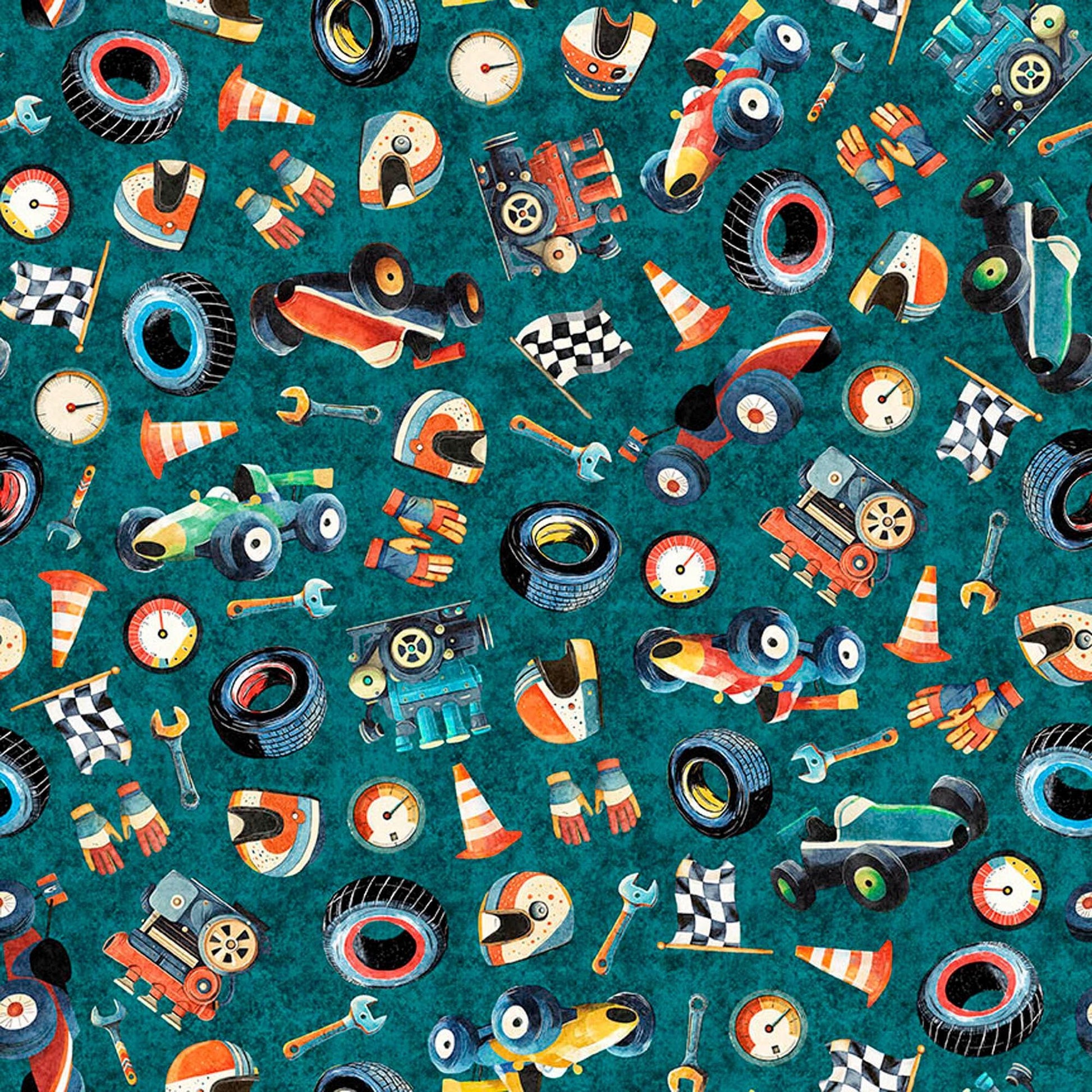 Image of Turbo Tykes Racetrack Gear Teal quilting cotton fabric by Morris Creative Group for QT Fabrics. Features racecars on a blue background. Cute Little Fabric Shop.