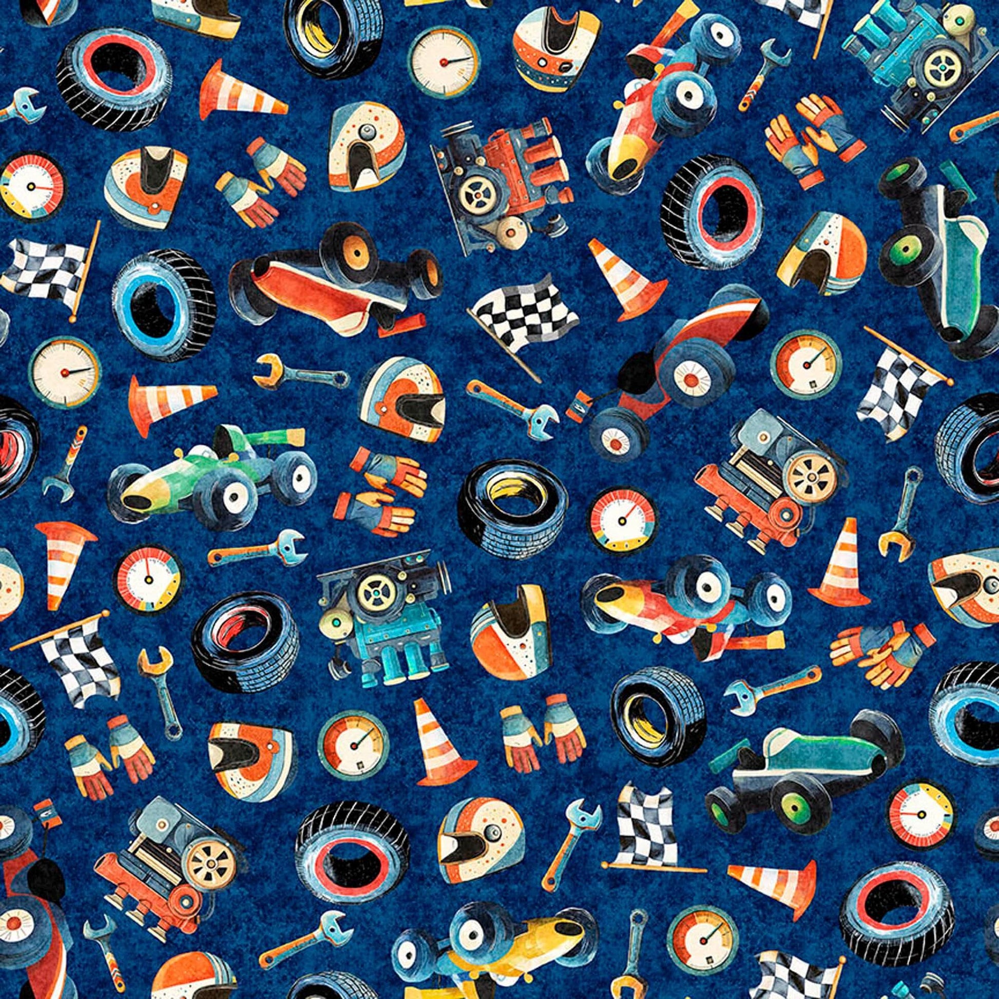 Image of Turbo Tykes Racetrack Gear Navy quilting cotton fabric by Morris Creative Group for QT Fabrics. Features racecars on a blue background. Cute Little Fabric Shop.