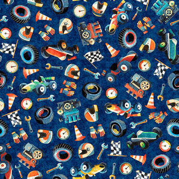 Image of Turbo Tykes Racetrack Gear Navy quilting cotton fabric by Morris Creative Group for QT Fabrics. Features racecars on a blue background. Cute Little Fabric Shop.