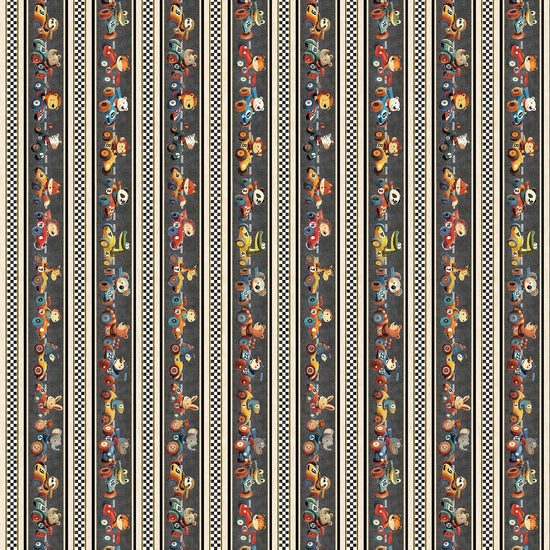 Image of Turbo Tykes Border Stripe Smoke quilting cotton fabric by Morris Creative Group for QT Fabrics. Features stripes on a gray background. Cute Little Fabric Shop.