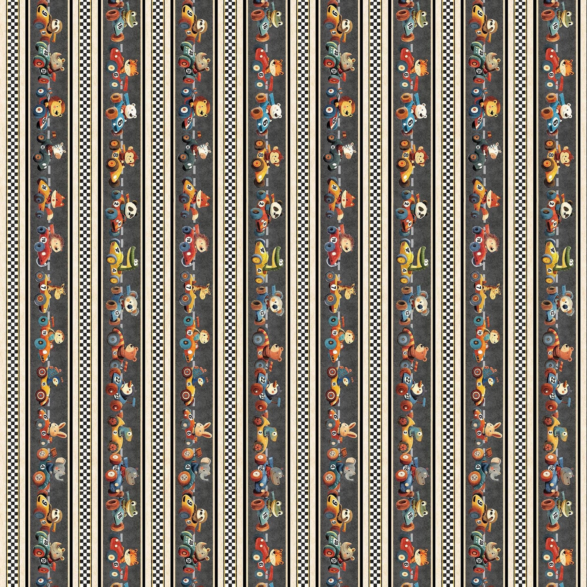 Image of Turbo Tykes Border Stripe Smoke quilting cotton fabric by Morris Creative Group for QT Fabrics. Features stripes on a gray background. Cute Little Fabric Shop.