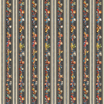 Image of Turbo Tykes Border Stripe Smoke quilting cotton fabric by Morris Creative Group for QT Fabrics. Features stripes on a gray background. Cute Little Fabric Shop.