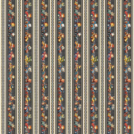 Image of Turbo Tykes Border Stripe Smoke quilting cotton fabric by Morris Creative Group for QT Fabrics. Features stripes on a gray background. Cute Little Fabric Shop.