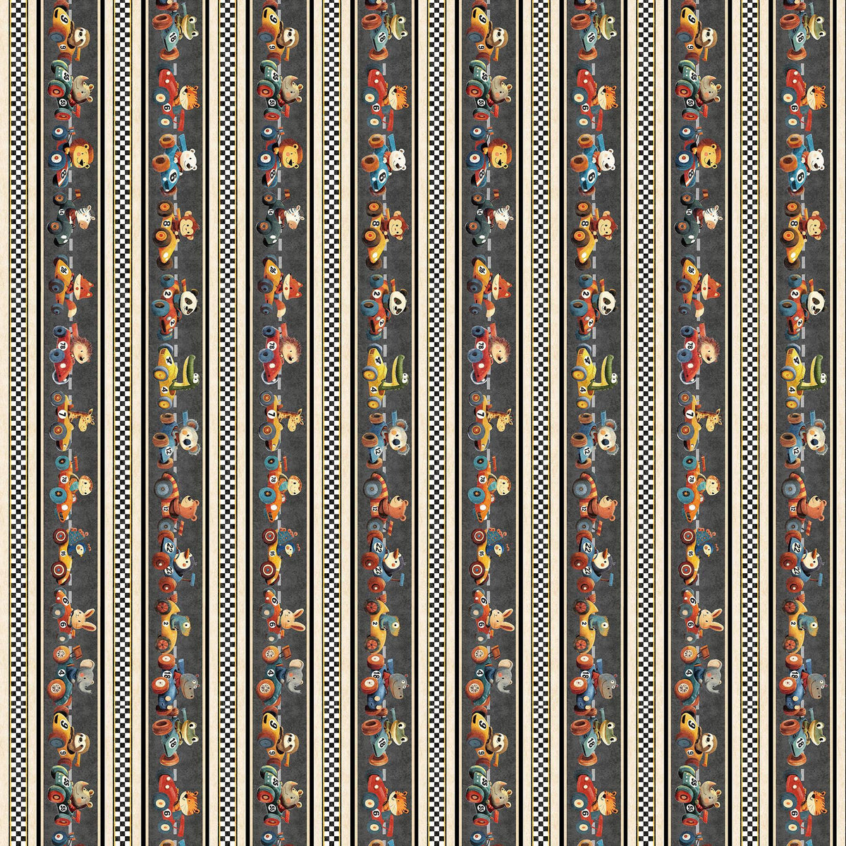 Image of Turbo Tykes Border Stripe Smoke quilting cotton fabric by Morris Creative Group for QT Fabrics. Features stripes on a gray background. Cute Little Fabric Shop.