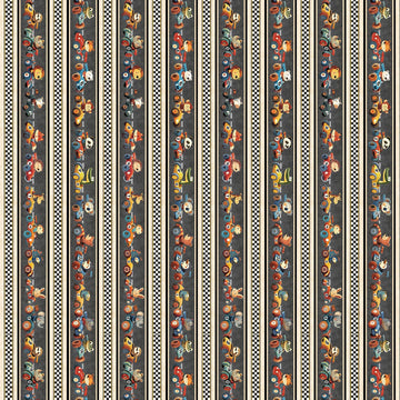 Image of Turbo Tykes Border Stripe Smoke quilting cotton fabric by Morris Creative Group for QT Fabrics. Features stripes on a gray background. Cute Little Fabric Shop.