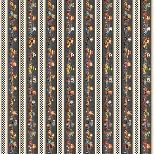 Image of Turbo Tykes Border Stripe Smoke quilting cotton fabric by Morris Creative Group for QT Fabrics. Features stripes on a gray background. Cute Little Fabric Shop.