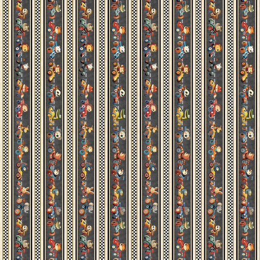 Image of Turbo Tykes Border Stripe Smoke quilting cotton fabric by Morris Creative Group for QT Fabrics. Features stripes on a gray background. Cute Little Fabric Shop.