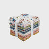 A bundle of colorful fabric squares tied together with a white ribbon.