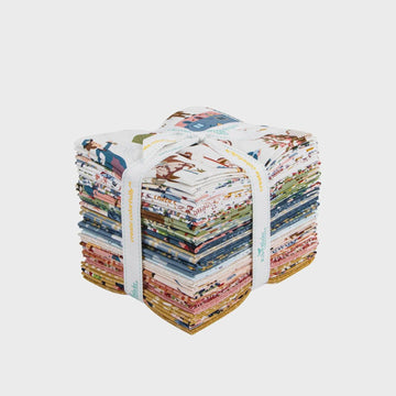 A bundle of colorful fabric squares tied together with a white ribbon.