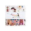 A colorful fabric with various illustrations, including people, buildings, and objects, such as a horse, umbrella, and bicycle.
