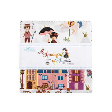 A colorful fabric with various illustrations, including people, buildings, and objects, such as a horse, umbrella, and bicycle.