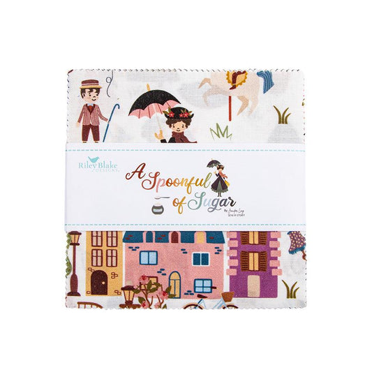 A colorful fabric with various illustrations, including people, buildings, and objects, such as a horse, umbrella, and bicycle.