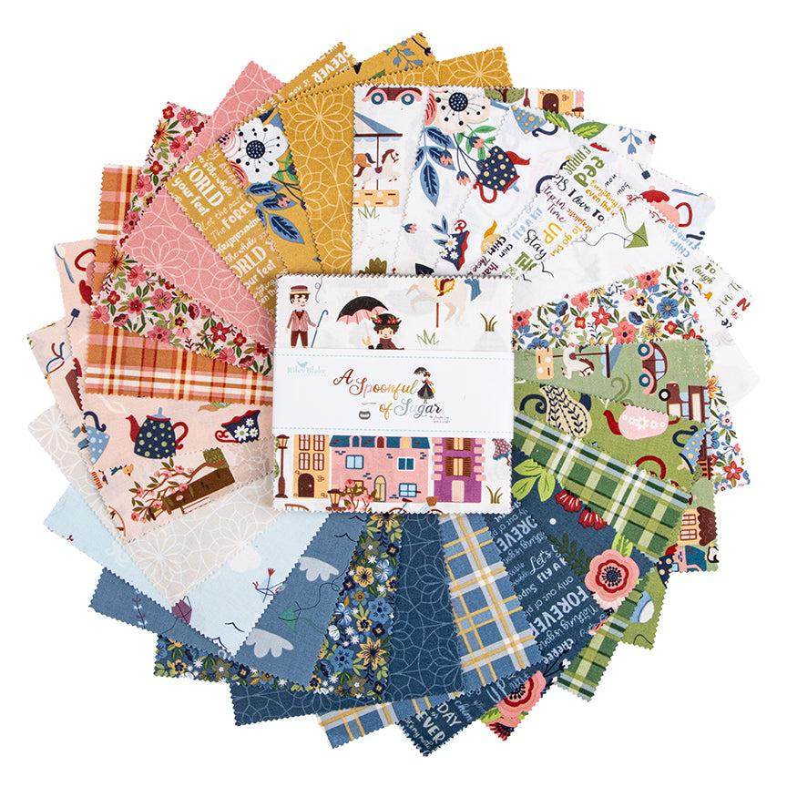 A collection of colorful fabric swatches arranged in a circular pattern, with a white box labeled "A Scrapbook of Sugar" in the center.