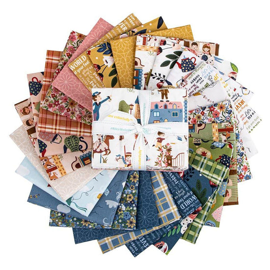 The image is a collection of various fabric swatches and patterns, including a central bundle of fabric with a bow around it.