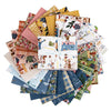 The image is a collection of various fabric swatches and patterns, including a central bundle of fabric with a bow around it.