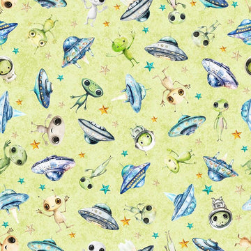 Image of QT Cuties 3 Aliens Light Green quilting cotton fabric by Morris Creative Group for QT Fabrics. Features aliens on a green background. Cute Little Fabric Shop.