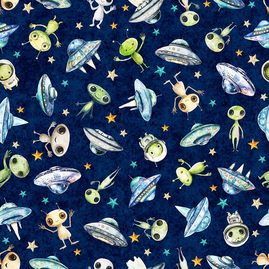 Image of QT Cuties 3 Aliens Midnight quilting cotton fabric by Morris Creative Group for QT Fabrics. Features aliens on a blue background. Cute Little Fabric Shop.