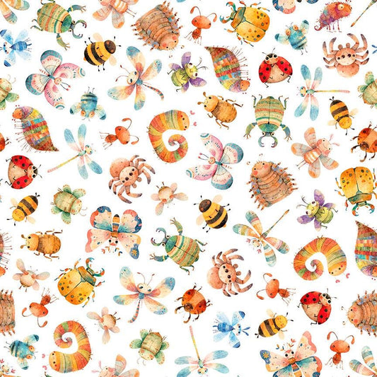 Image of QT Cuties 3 Bugs White quilting cotton fabric by Morris Creative Group for QT Fabrics. Features bugs on a white background. Cute Little Fabric Shop.