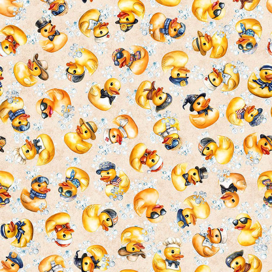 Image of QT Cuties 3 Rubber Duckies Tan quilting cotton fabric by Morris Creative Group for QT Fabrics. Features ducks on a beige background. Cute Little Fabric Shop.
