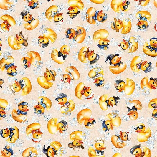 Image of QT Cuties 3 Rubber Duckies Tan quilting cotton fabric by Morris Creative Group for QT Fabrics. Features ducks on a beige background. Cute Little Fabric Shop.