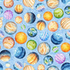 Image of QT Cuties 3 Planets Light Blue quilting cotton fabric by Morris Creative Group for QT Fabrics. Features planets on a blue background. Cute Little Fabric Shop.