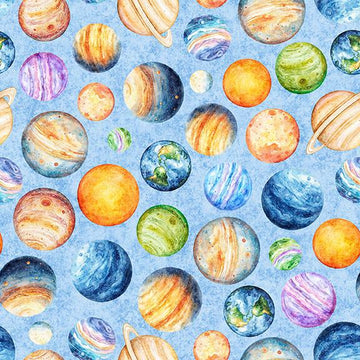 Image of QT Cuties 3 Planets Light Blue quilting cotton fabric by Morris Creative Group for QT Fabrics. Features planets on a blue background. Cute Little Fabric Shop.