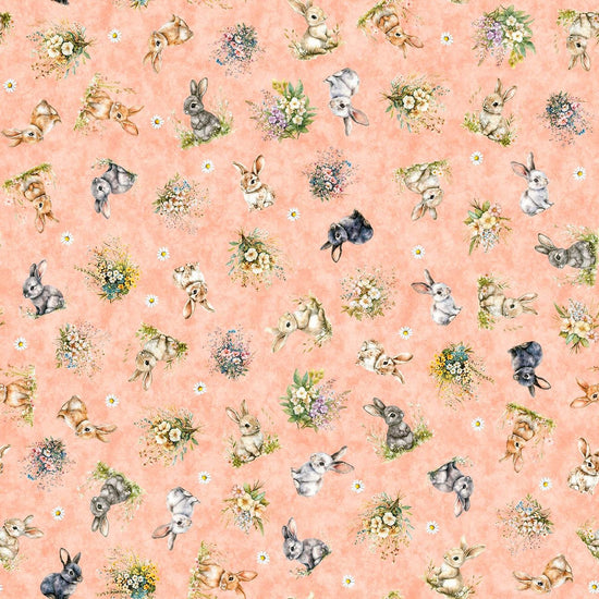 Image of QT Cuties 3 Bunnies & Floral Light Salmon quilting cotton fabric by Morris Creative Group for QT Fabrics. Features flowers and rabbits on a pink background. Cute Little Fabric Shop.