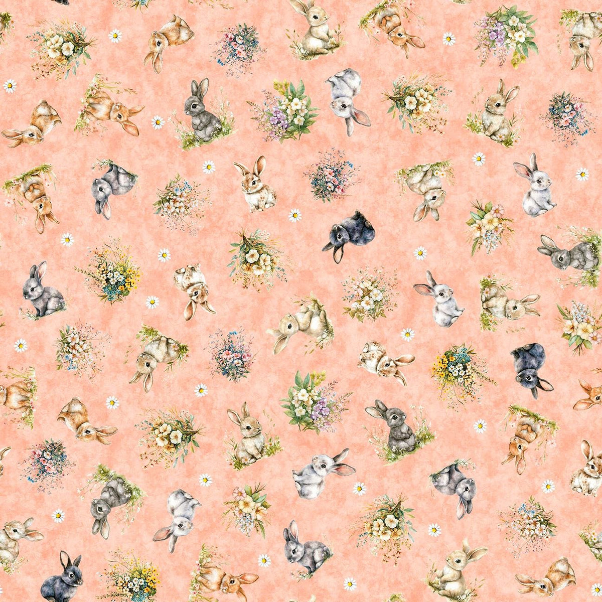 Image of QT Cuties 3 Bunnies & Floral Light Salmon quilting cotton fabric by Morris Creative Group for QT Fabrics. Features flowers and rabbits on a pink background. Cute Little Fabric Shop.