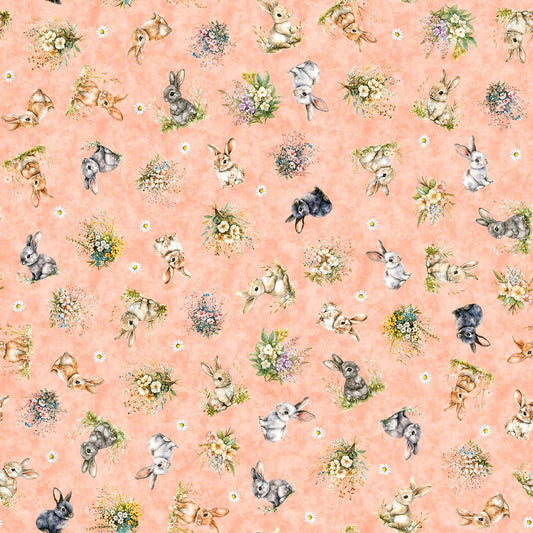 Image of QT Cuties 3 Bunnies & Floral Light Salmon quilting cotton fabric by Morris Creative Group for QT Fabrics. Features flowers and rabbits on a pink background. Cute Little Fabric Shop.