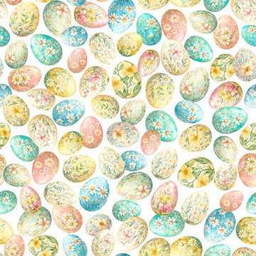 Image of QT Cuties 3 Easter Eggs White quilting cotton fabric by Morris Creative Group for QT Fabrics. Features eggs on a white background. Cute Little Fabric Shop.