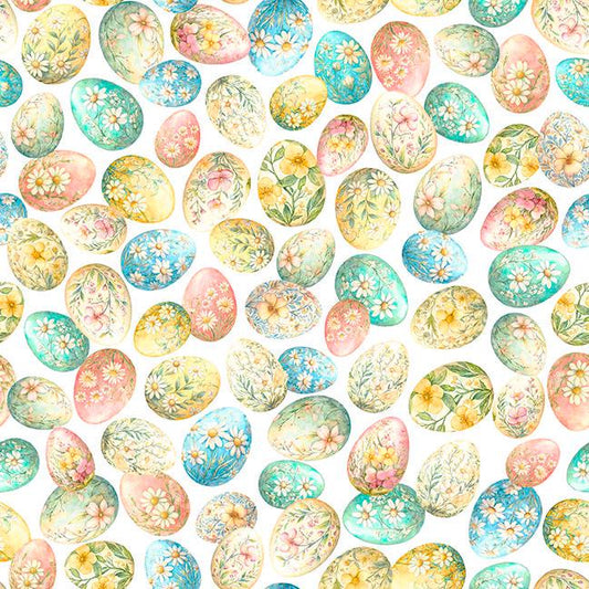 Image of QT Cuties 3 Easter Eggs White quilting cotton fabric by Morris Creative Group for QT Fabrics. Features eggs on a white background. Cute Little Fabric Shop.