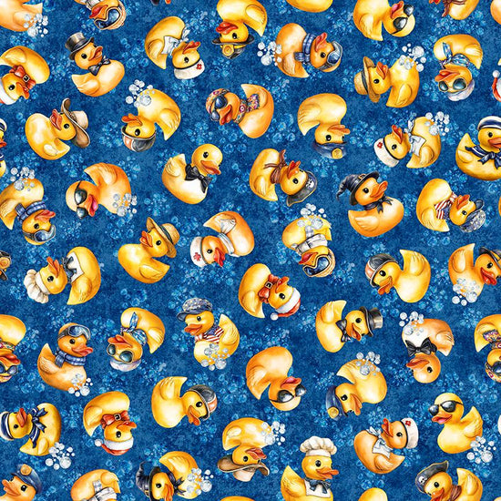 Image of QT Cuties 3 Rubber Duckies Denim quilting cotton fabric by Morris Creative Group for QT Fabrics. Features ducks on a blue background. Cute Little Fabric Shop.