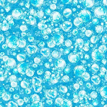 Image of QT Cuties 3 Bubbles Blue quilting cotton fabric by Morris Creative Group for QT Fabrics. Features bubbles on a blue background. Cute Little Fabric Shop.